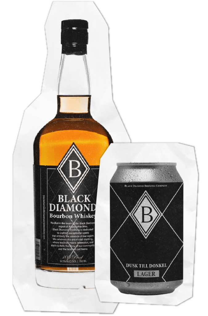 A bottle of Black Diamond Bourbon Whiskey and a can of Dusk Till Donkel Lager, both with black labels featuring a diamond-shaped B logo, showcased against a white background with torn paper edges—crafted in collaboration with Echo Spirits + Market Bar.
