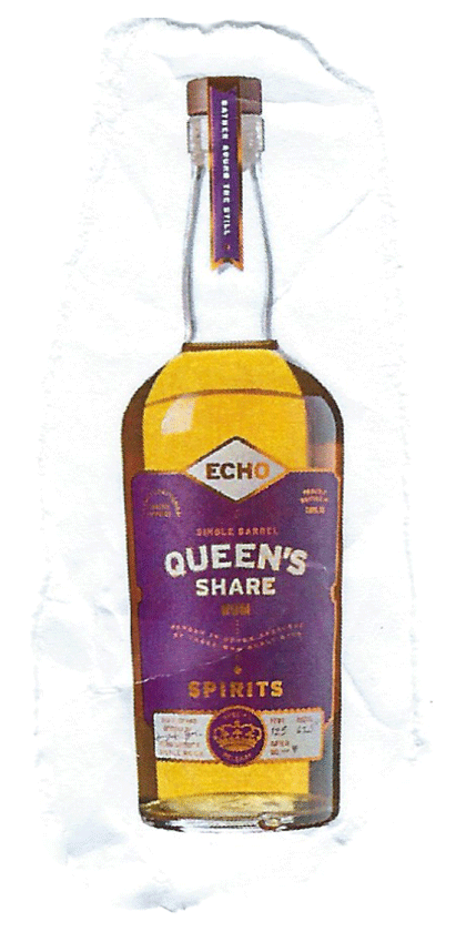 A bottle of ECHO single barrel rum labeled Queens Share with a purple and gold label, standing upright against a white background.