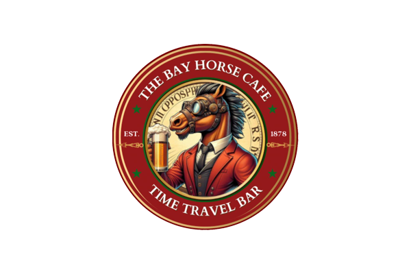Logo for The Bay Horse Cafe Time Travel Bar featuring a horse in a suit holding a beer, wearing goggles. The circular design includes the text EST. 1878 and ornate details on a red background.