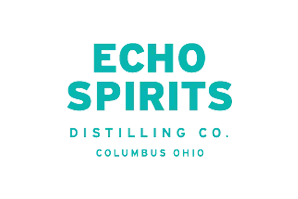 Logo for Echo Spirits Distilling Co. with bold turquoise text on a light background, featuring the words “Echo Spirits” above “Distilling Co. Columbus Ohio.”.