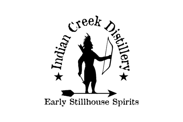 Logo for Indian Creek Distillery featuring a silhouette of a person with a bow and arrow, surrounded by the text Indian Creek Distillery and Early Stillhouse Spirits. An arrow graphic appears below the text.