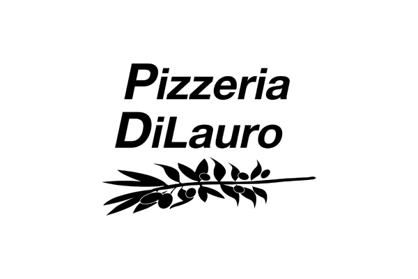 Logo for Pizzeria DiLauro in black text, with a stylized olive branch featuring leaves and olives below the name, set against a light gray background.