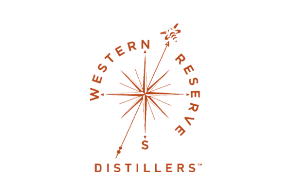 A brown compass rose with the words Western Reserve curving around the top and Distillers underneath, with a bee illustration near the north point of the compass, all on a white background.