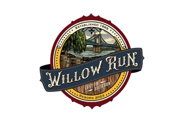 A round logo for Willow Run featuring a bridge, barrels, and river. Text reads Established 1885, Willow Run, Custom Bourbon, and Reborn 2023. The design has a vintage, rustic style.