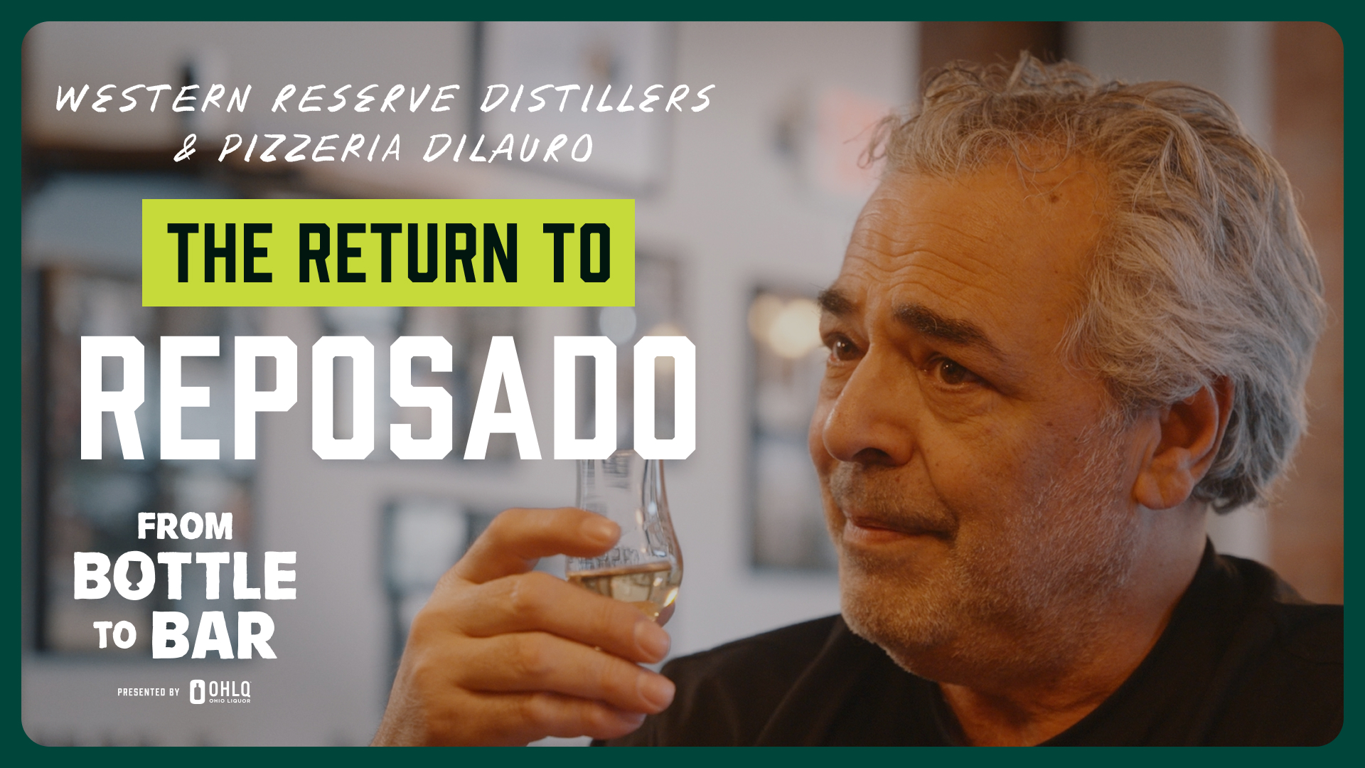 A middle-aged man with gray hair holds a glass of light-colored liquor, looking thoughtful. Overlaid text reads: Willow Run Custom Bourbon & Bay Horse Cafe. The Return to Reposado. From Bottle to Bar. Presented by Ohio.