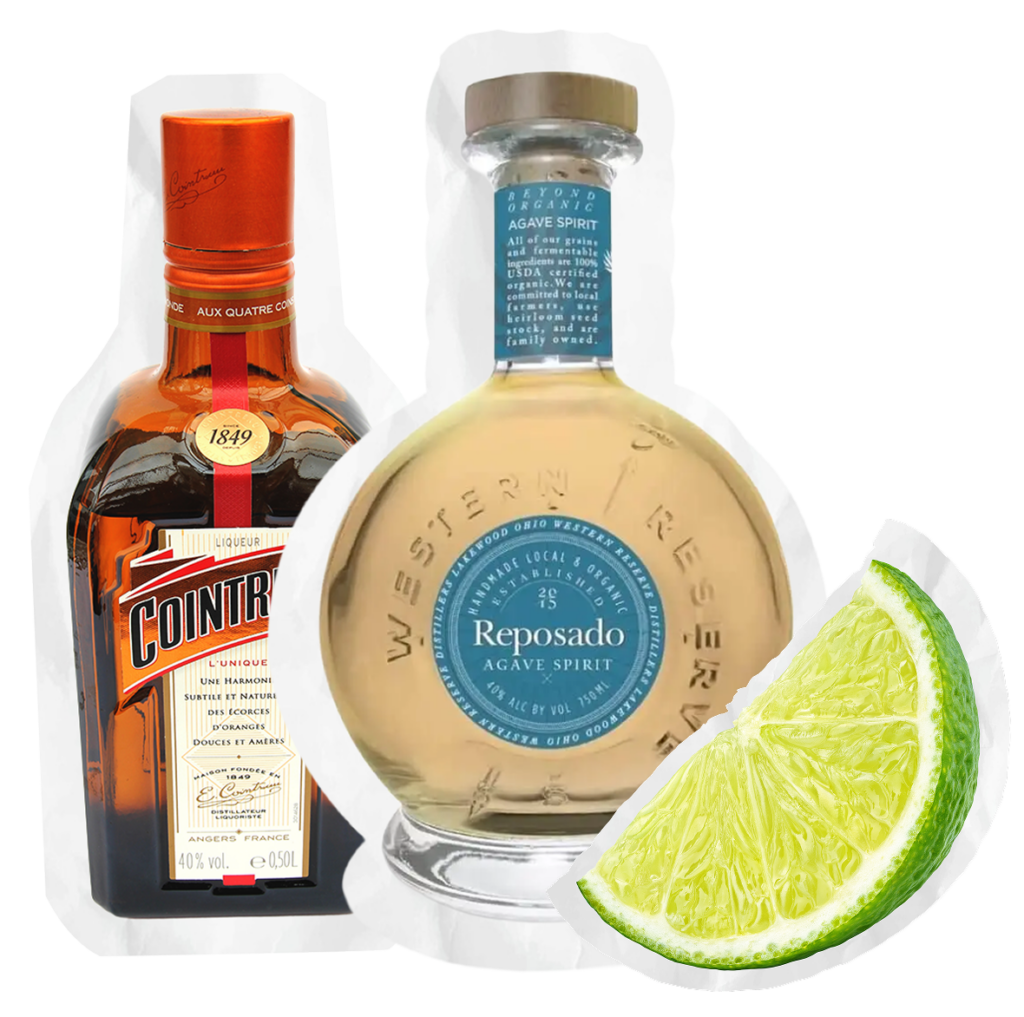 A bottle of Cointreau, Western Reserve Distillers reposado agave spirit, and a lime wedge are displayed against a white background—perfect for pairing with Pizza DiLauro.