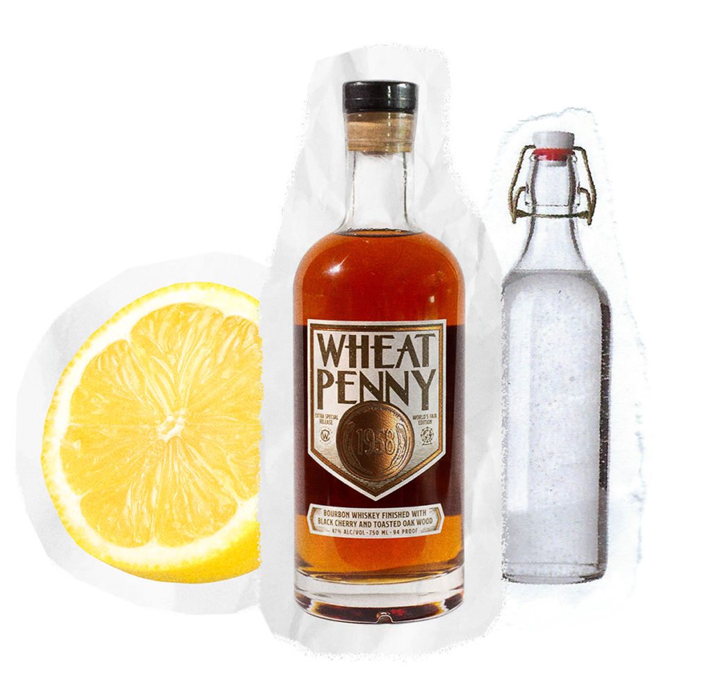 A bottle of Wheat Penny bourbon whiskey from Western Reserve Distillers stands between a halved lemon and a clear glass bottle filled with liquid, perfect for pairing with Pizza DiLauro, all on a white background.