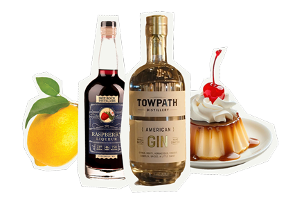 A lemon, a bottle of Minglewood Distilling Co. raspberry liqueur, a bottle of Wrecking Crew Brew Works gin, and a dessert topped with whipped cream and a cherry are arranged together on a white background.