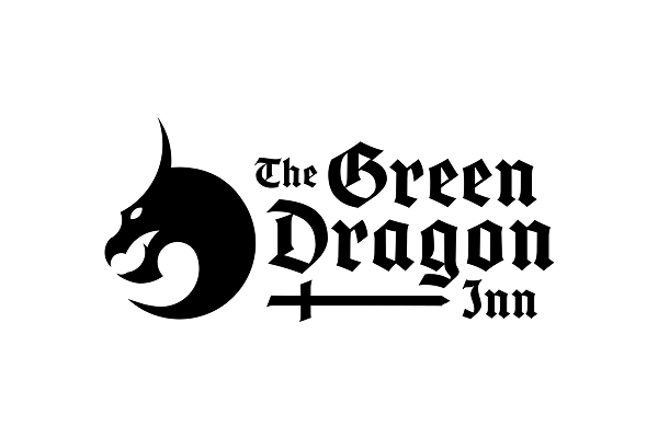 Black logo with a stylized dragon head on the left and gothic text on the right that reads The Green Dragon Inn, with a sword forming the line under Dragon.
