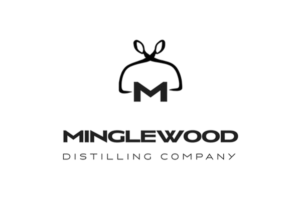 Minimalist logo for Minglewood Distilling Company featuring a stylized black M below an abstract design resembling a still, with the company name written beneath in bold and thin uppercase letters.
