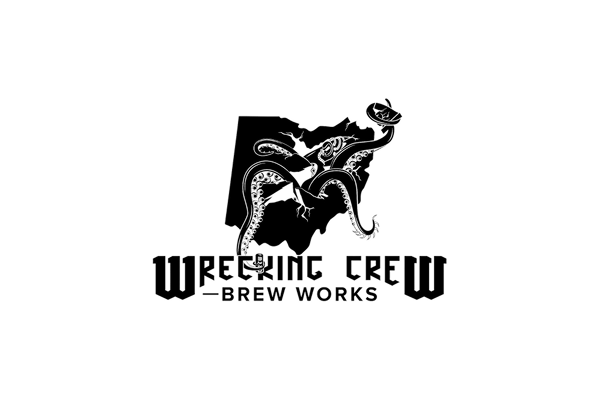 Logo for Wrecking Crew Brew Works, featuring a stylized black hydra over an outline of Ohio. The brewery’s name is written below in bold, decorative lettering.