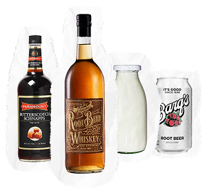 Four drinks—High Bank Distillery Co. butterscotch schnapps, Good Land root beer whiskey, a glass milk bottle, and a can of Barq’s root beer—are displayed side by side on a white background.
