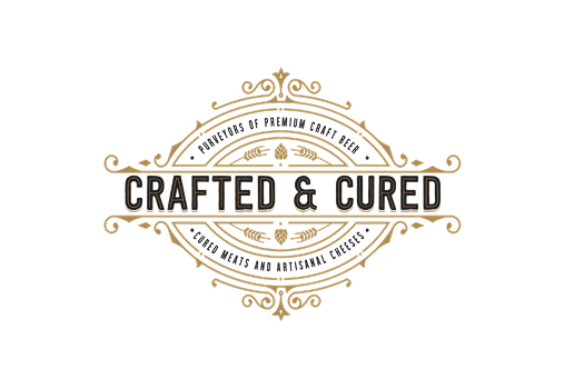 Vintage-style logo reading Crafted & Cured with decorative flourishes. Above: Purveyors of premium craft beer. Below: Cured meats and artisanal cheeses. Black, gold, and white color scheme.