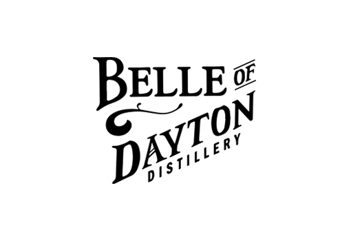 Black text logo reads Belle of Dayton Distillery on a plain white background. The words are in decorative, bold fonts with some stylized flourishes.