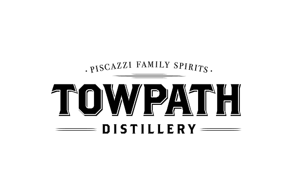 Black and white logo with bold text reading Towpath Distillery and smaller curved text above that says Piscazzi Family Spirits. Thin horizontal lines accent the top and bottom.