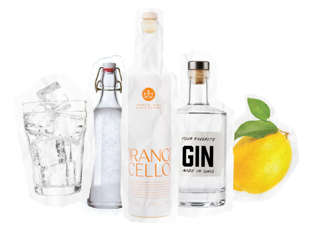 A glass of ice, a glass bottle with a swing-top lid, a bottle of Noble Cut Distillery Orangecello, a bottle of Your Favorite Gin, and a lemon with leaves.